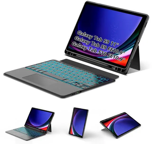 Main image of Trackpad Keyboard Case for Samsung Galaxy Tab S9 11"/S9 FE 10.9" 2023/S10 FE 10.9" 5G 2025, Magnetic S9 FE Tablet Portable Stand Cover Detachable Wireless 7-Color Backlit Keyboard Black, S Pen Slot