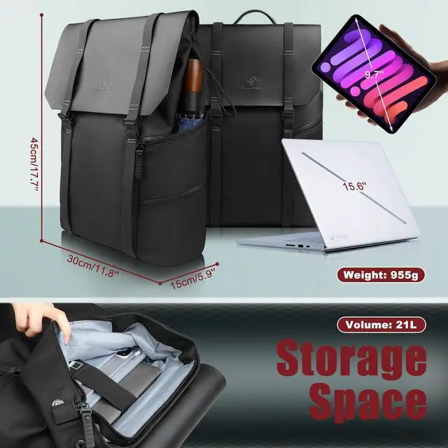 Alt view image 2 of 5 - hk Backpack for Men Flap Laptop Backpacks 15.6 Inch Travel Business Backpack Waterproof Anti-Theft Computer Bag for College Work Hiking Vintage Casual Rucksack