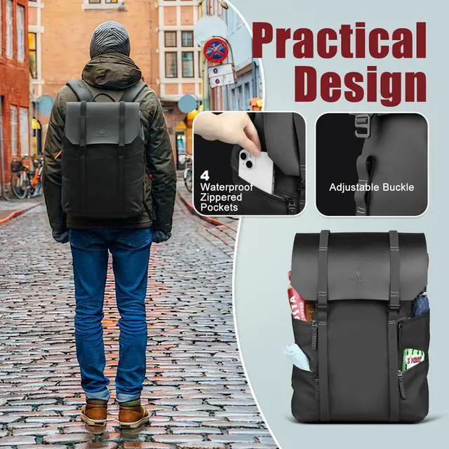 Alt view image 4 of 5 - hk Backpack for Men Flap Laptop Backpacks 15.6 Inch Travel Business Backpack Waterproof Anti-Theft Computer Bag for College Work Hiking Vintage Casual Rucksack