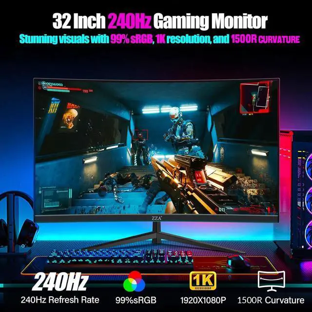 Alt view image 3 of 5 - 32" Curved FHD 1080p Computer Gaming Monitor Up to 240Hz,1500R 1ms 99% sRGB AMD FreeSync Premium,HDMI 2.0| Dp1.4,Machine Black