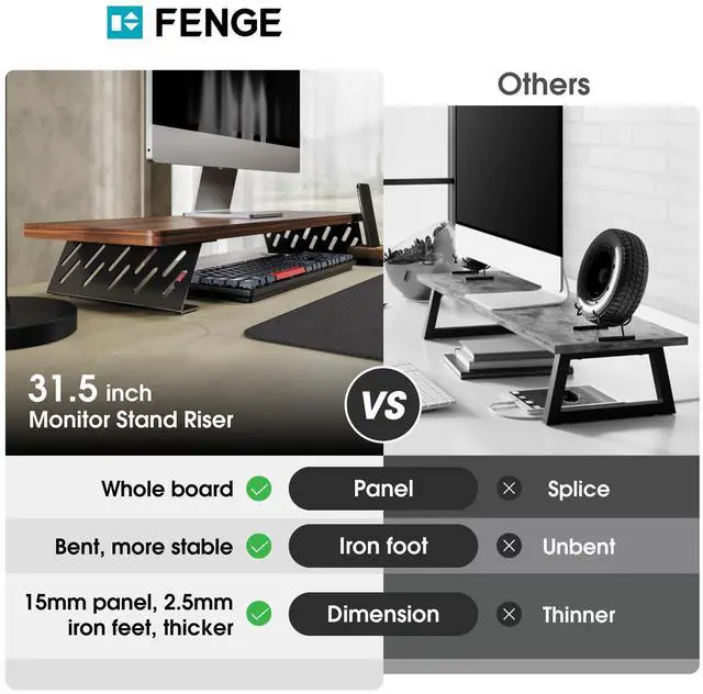 Alt view image 3 of 5 - Fenge Monitor Stand Riser, 32 Inch Desk Top Shelf for 2 Monitors, Computer Stands for Desk, Wood & Steel Desktop Riser for Laptop, PC, Printer