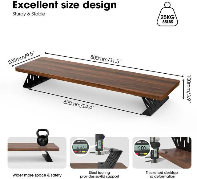 Alt view image 5 of 5 - Fenge Monitor Stand Riser, 32 Inch Desk Top Shelf for 2 Monitors, Computer Stands for Desk, Wood & Steel Desktop Riser for Laptop, PC, Printer