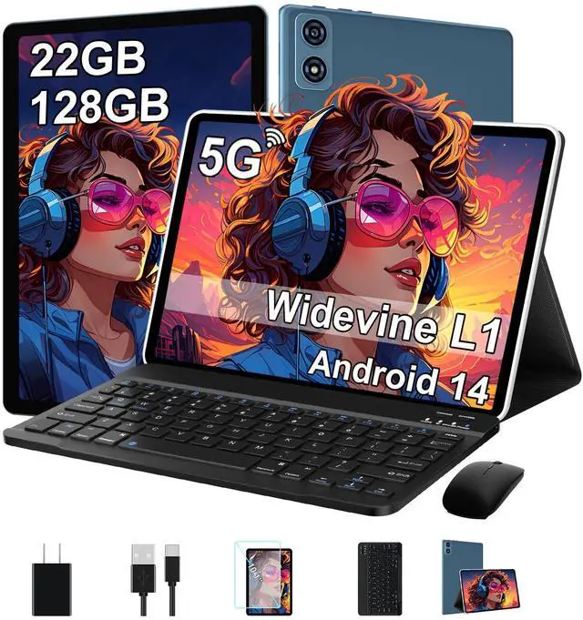 Main image of 2025 Tablet 10 Inch Android 14 Tablets with Keyboard, 22GB RAM 128GB ROM, Widevine L1, Octa-Core, 8000mAh Battery, 5G Wifi, HD IPS Display, TF 1TB, GPS, Mouse, Case, Split Screen, Metal Body -Blue