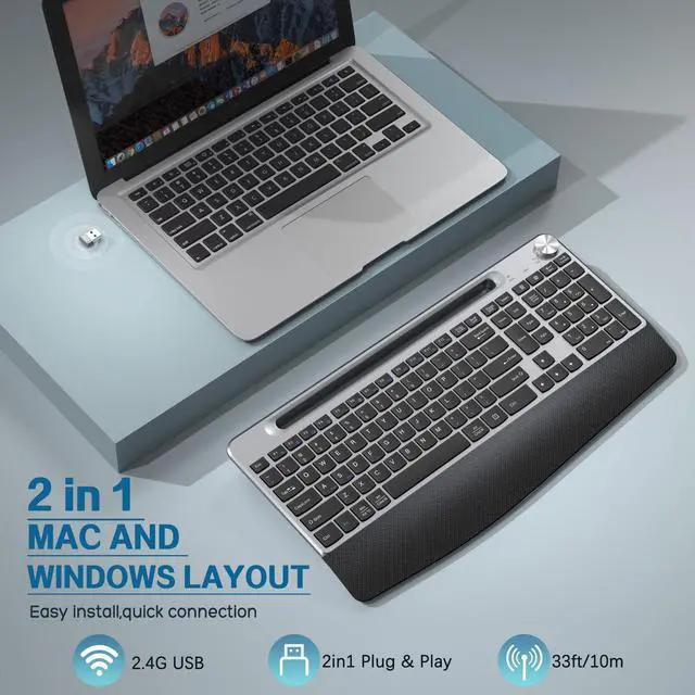 Alt view image 5 of 5 - JOYACCESS Ergonomic Wireless Keyboard with Wrist Rest, Low-Profile,Phone Holder,2.4GHz Full Size Silent Cordless USB Computer Keyboard for Windows, Mac OS Desktop/Laptop/PC-Black Grey