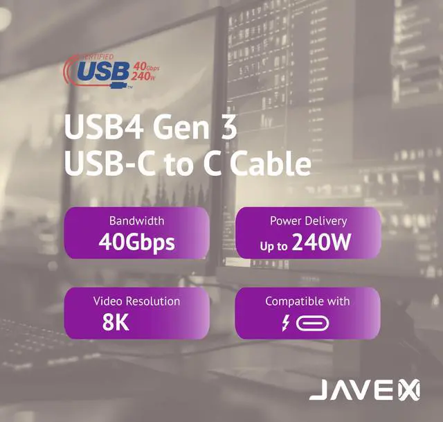 Alt view image 2 of 5 - JAVEX 40Gbps USB4 USB-C to C Cable for Thunderbolt 4 Cable [USB-IF Certified, UL Listed] 240W Charging for iPhone 16/15 Pro, MacBooks, iPad Pro, Monitor Connection, PS5, Surface 3.3FT/1M, Black