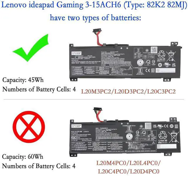 Alt view image 2 of 5 - EPYOBW L20C3PC2 Laptop Battery 45Wh Compatible with Lenovo ideapad Gaming 3-15IHU6 3-15ACH6 Series L20M3PC2 L20D3PC2 5B11B96718 SB11B96717 5B11B96715 SB11B96720 5B11B96719 SB11B96716