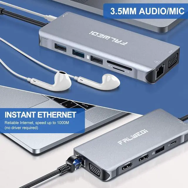 Alt view image 5 of 5 - Laptop Docking Station Daul Monitor, 12 in 1 USB C Hub Multiport Adapter Dongle with 2 HDMI, VGA, PD, Ethernet, SD/TF, A Ports, Mic/Audio, Compatible for MacBook/Dell/HP/Lenovo