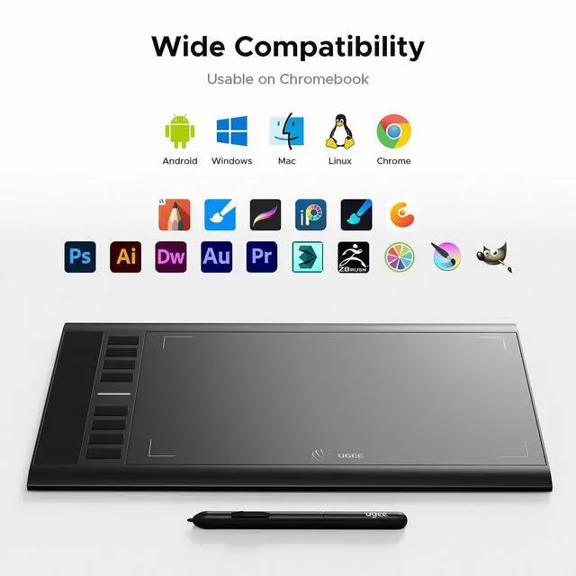Alt view image 5 of 5 - Graphics Drawing Tablet, UGEE M708 10 x 6 inch Large Digital Drawing Pad with 8 Hot Keys 8192 Levels Pen, Graphic Tablets for Computer Graphic Board Creation Sketch for PC/Laptop/Mac OS/Linux/Chrome
