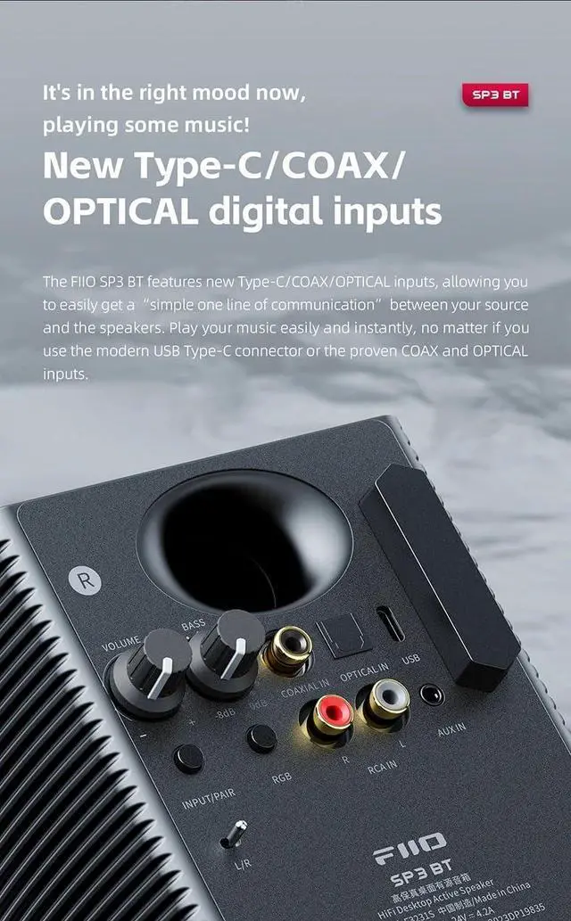 Alt view image 5 of 5 - FiiO SP3 BT HiFi Bluetooth Active Desktop Speakers - 80W Stereo Computer Speakers and Home Music Sound System with AUX Audio/Coax/Optical/Type-C/RCA (Bluetooth White)
