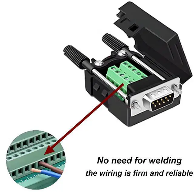 Alt view image 4 of 5 - Willwewon 10PCS DB9 Male Solderless Breakout Connector, RS232 D-SUB DB9 Serial to 9Pin Port Terminal Block with Case Long Bolts Tail Pipe