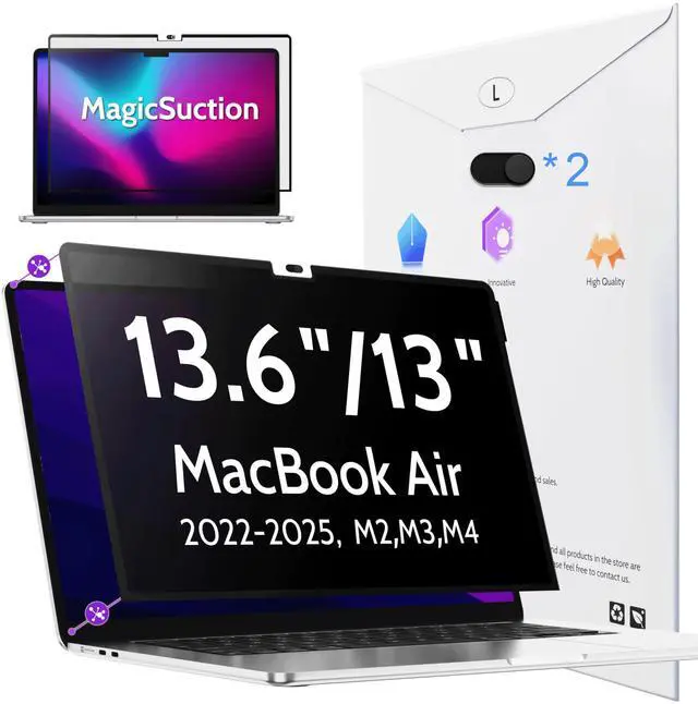Main image of Peslv Privacy Screen for MacBook Air 13.6/13 Inch (2022-2025, M2, M3, M4) - A2681, A3113, A3240 MagicSuction Removable Anti Spy Black Protector, Glare Blue Light Filter for Mac Laptop Computer