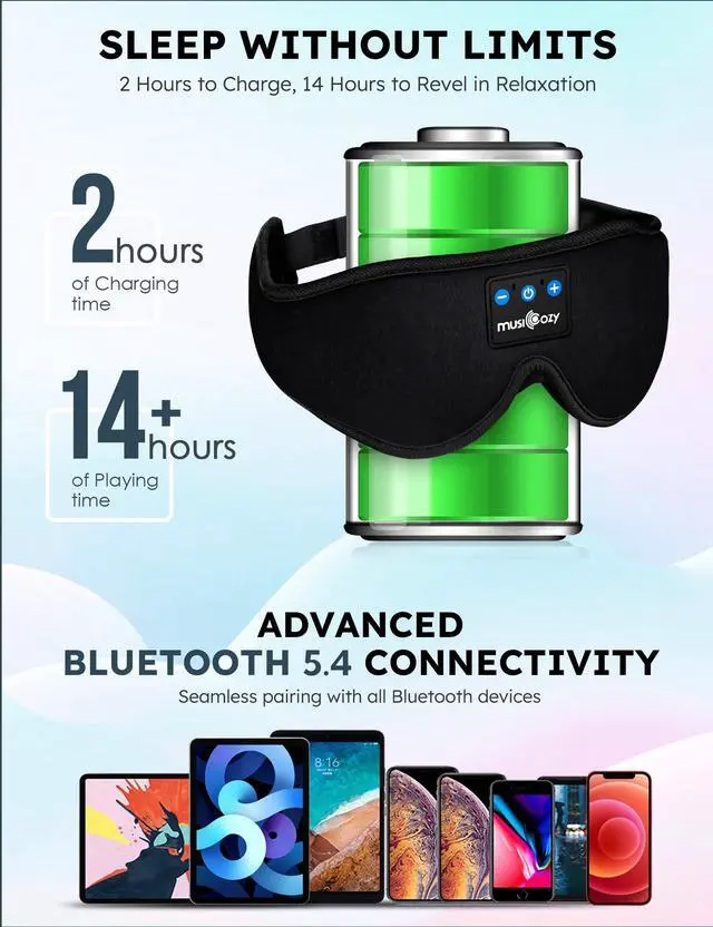 Alt view image 3 of 5 - MUSICOZY Sleep Headphones, Bluetooth 5.4 Sleep Mask Headband Headphones Sleeping Eye Mask, Wireless Music Earbuds Earphones with HD Stereo Speakers for Side Sleepers, Cool Gadgets Unique Gift