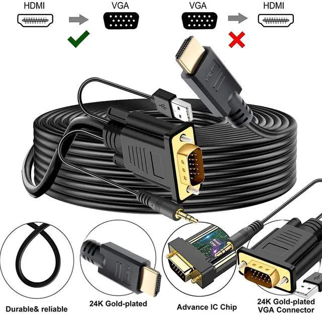 Alt view image 5 of 5 - YOTETION HDMI to VGA 30FT Cable with Audio, Directional HDMI (Source) to VGA (Display) Cable (Male to Male) Compatible for Computer, Desktop, Laptop, PC, Monitor, Projector, HDTV, Roku, Xbox