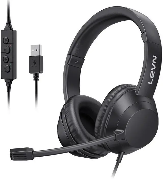 Main image of LEVN Headset with Mic, USB Headset with Microphone for PC, Headphones with Mic for Pc with Noise Canceling Microphone for Laptop, USB Headphones for Work from Home/Call Center/Open Office, Black