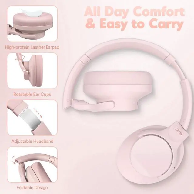 Alt view image 5 of 5 - ZIHNIC Active Noise Cancelling Headphones, 60H Playtime Wireless Bluetooth Headset Low Latency-Pink