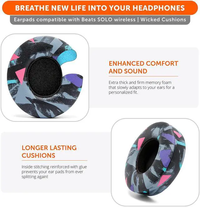 Alt view image 5 of 5 - WC Extra Thick Replacement Earpads for Beats Solo 2 & 3 by Wicked Cushions - Ear Pads for Beats Solo 2 & 3 Wireless ON-Ear Headphones - Soft Leather, Luxury Memory Foam, Strong Adhesive | 90's Black