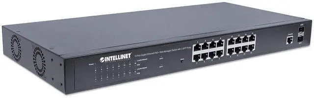 Alt view image 3 of 5 - Intellinet 16 Port Gigabit Managed PoE Switch - POE Power Budget of 374W, 2 SFP Slots, Self-Healing, IPv4/v6, 19" Rackmount 3 Yr Mfg Warranty-561198
