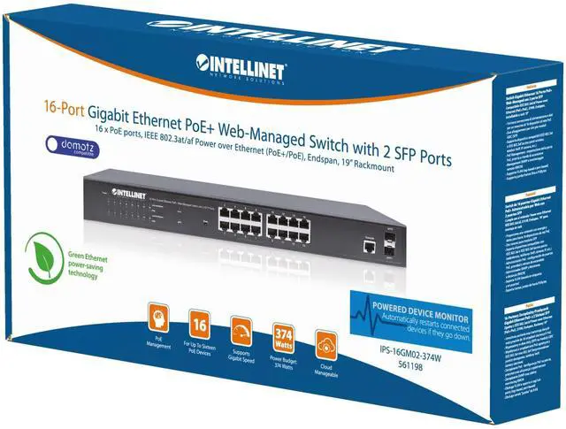 Alt view image 2 of 5 - Intellinet 16 Port Gigabit Managed PoE Switch - POE Power Budget of 374W, 2 SFP Slots, Self-Healing, IPv4/v6, 19" Rackmount 3 Yr Mfg Warranty-561198