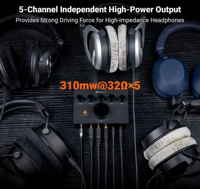 Alt view image 4 of 5 - Fosi Audio PH05 5-Channel Headphone Splitter Amplifier, Mini Headphones Amp for Music Studio, Audio Sharing, Podcast Monitor, Supports 16-300 Ohm High Impedance IEM with 12V Power Adapter
