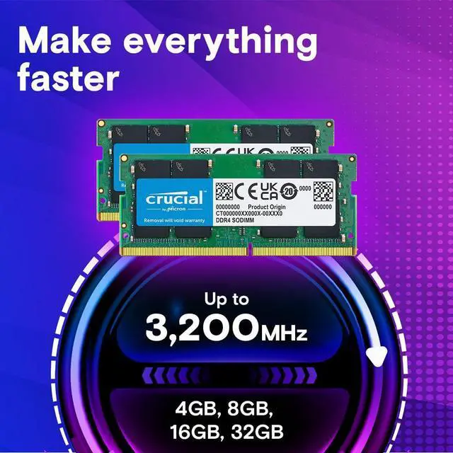 Alt view image 2 of 5 - Crucial 64GB DDR4 RAM Kit (2x32GB), 3200MHz (PC4-25600) CL22 Laptop Memory, SODIMM 260-Pin, Downclockable to 2933/2666MHz, Compatible with 13th Gen Intel Core and AMD Ryzen 7000 - CT2K32G4SFD832A