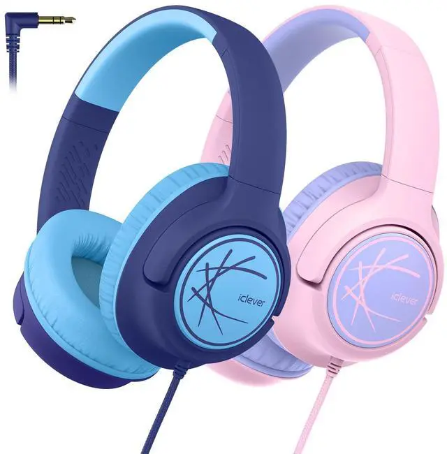 Main image of iClever HS26 Kids Headphones Cord, 85dBA Safe Volume Wired Headphones, Stereo Sound Foldable Adjustable, 3.5mm Jack, Over Ear Headphone for School/Boys/Girls/iPad (Blue&Pink)
