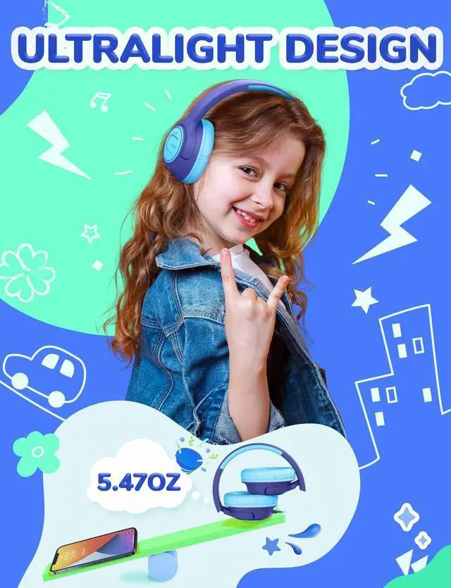 Alt view image 4 of 5 - iClever HS26 Kids Headphones Cord, 85dBA Safe Volume Wired Headphones, Stereo Sound Foldable Adjustable, 3.5mm Jack, Over Ear Headphone for School/Boys/Girls/iPad (Blue&Pink)