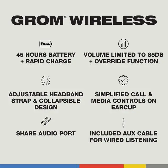 Alt view image 4 of 5 - Skullcandy Grom Wireless Headphones, Volume-Limiting Audio, Comfortable Over-Ear Fit, Designed for Kids 6+, Up to 45 Hours Battery, Backup 3.5mm AUX Cable Included with Built-in Microphone - Black