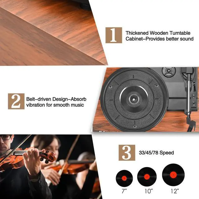 Alt view image 4 of 5 - Vinyl Record Player Turntable with Upgraded Speakers Wireless Vintage Vinyl Player with USB Input, 3 Speed,AUX in,Headphone Jack and RCA Out