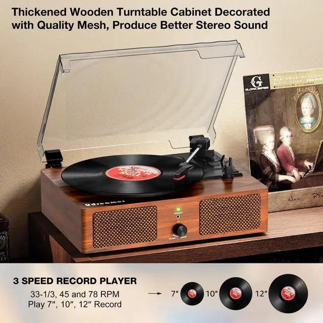 Alt view image 5 of 5 - Vinyl Record Player Turntable with Upgraded Speakers Wireless Vintage Vinyl Player with USB Input, 3 Speed,AUX in,Headphone Jack and RCA Out