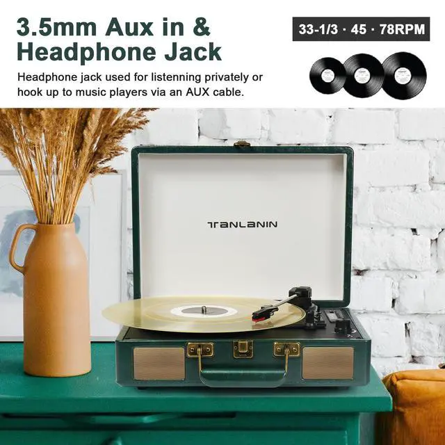 Alt view image 4 of 5 - Vintage 3-Speed Bluetooth Portable USB Suitcase Record Player with Built-in Speakers | Upgraded Vinyl Turntable Audio Sound| Includes Extra Stylus & Mat | Green