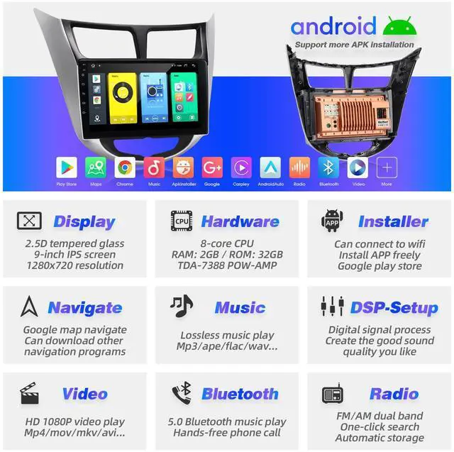Alt view image 3 of 5 - SizxNanv Android Touch Screen Compatible with Carplay Android Auto,Car Radio Stereo Bluetooth Navigation Multimedia Player GPS WiFi AM/FM Backup Camera Head Unit for Verna Accent Solaris 2010-2016