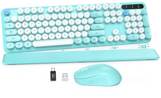 Main image of Wireless Keyboard and Mouse Combo, Full-Size Retro Typewriter Keyboard with Detachable Wrist Rest, Round Keycaps, Sleep Mode & Tilt Legs, 2.4GHz Cordless Connection for Windows/PC (Robin Egg Blue)