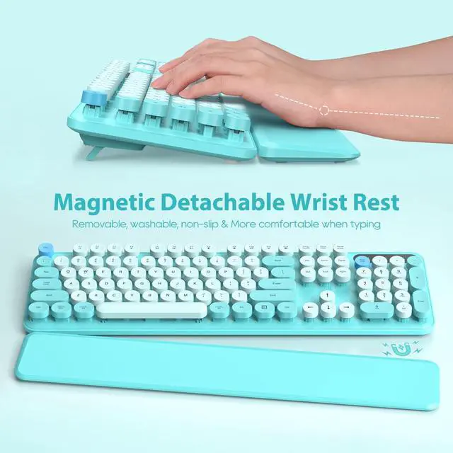 Alt view image 2 of 5 - Wireless Keyboard and Mouse Combo, Full-Size Retro Typewriter Keyboard with Detachable Wrist Rest, Round Keycaps, Sleep Mode & Tilt Legs, 2.4GHz Cordless Connection for Windows/PC (Robin Egg Blue)