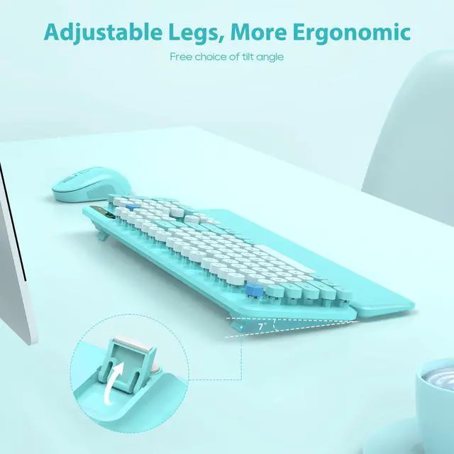 Alt view image 3 of 5 - Wireless Keyboard and Mouse Combo, Full-Size Retro Typewriter Keyboard with Detachable Wrist Rest, Round Keycaps, Sleep Mode & Tilt Legs, 2.4GHz Cordless Connection for Windows/PC (Robin Egg Blue)
