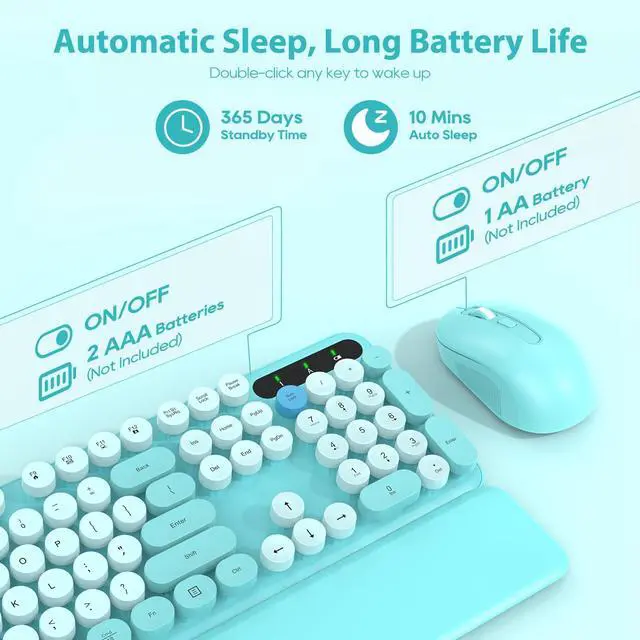 Alt view image 4 of 5 - Wireless Keyboard and Mouse Combo, Full-Size Retro Typewriter Keyboard with Detachable Wrist Rest, Round Keycaps, Sleep Mode & Tilt Legs, 2.4GHz Cordless Connection for Windows/PC (Robin Egg Blue)