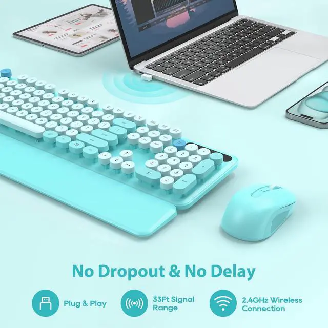 Alt view image 5 of 5 - Wireless Keyboard and Mouse Combo, Full-Size Retro Typewriter Keyboard with Detachable Wrist Rest, Round Keycaps, Sleep Mode & Tilt Legs, 2.4GHz Cordless Connection for Windows/PC (Robin Egg Blue)