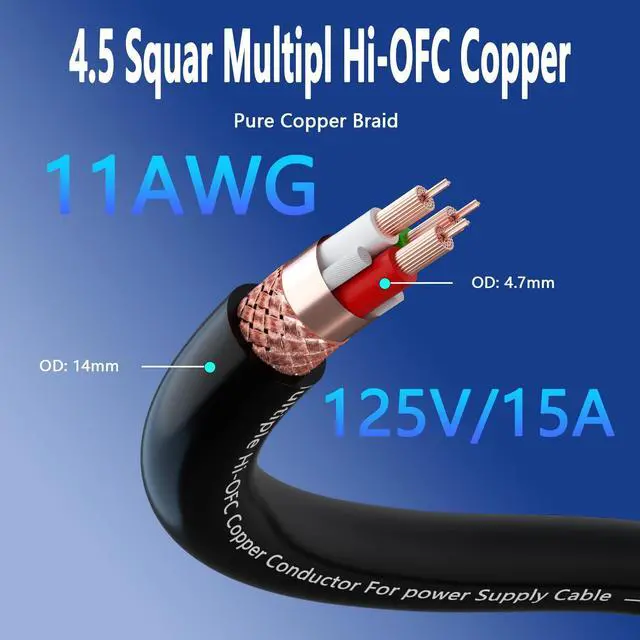 Alt view image 4 of 5 - Monosaudio 11 Gauge Audiophile Power Cable High End Power Cable 3-Prong Pure Copper AC Power Cord IEC320 C13 Connectors for Speaker,Power Filter,Audio equipment,Amplifier,CD/DVD Player (1.5m)