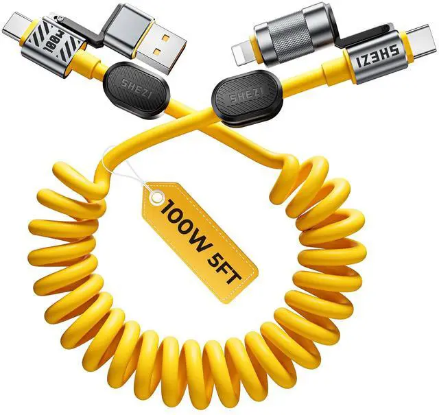 Main image of Coiled Cable & Clip 4-in-1 USB C to Lightning Cable 100W Fast Charging & Data Transfer, Support to Apple CarPlay & Android Auto, 5FT Travel Multi Cord Charger Combo for iPhone/iPad/MacBook