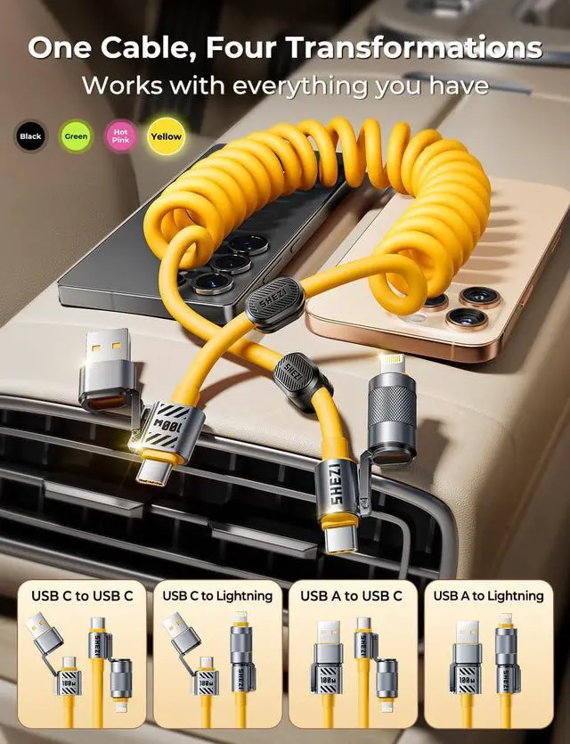 Alt view image 2 of 5 - Coiled Cable & Clip 4-in-1 USB C to Lightning Cable 100W Fast Charging & Data Transfer, Support to Apple CarPlay & Android Auto, 5FT Travel Multi Cord Charger Combo for iPhone/iPad/MacBook