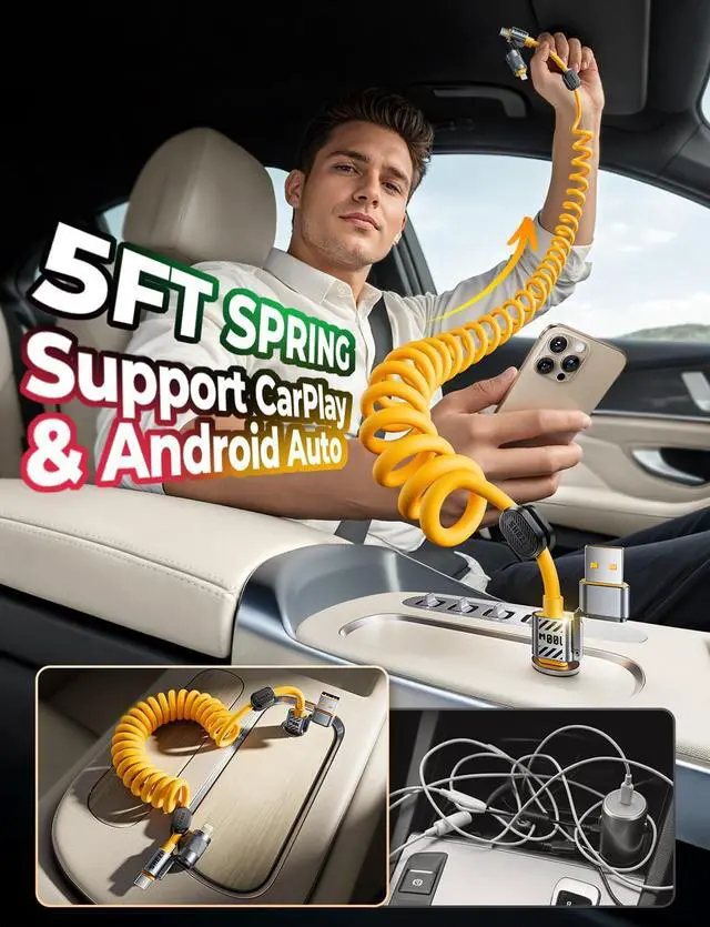 Alt view image 3 of 5 - Coiled Cable & Clip 4-in-1 USB C to Lightning Cable 100W Fast Charging & Data Transfer, Support to Apple CarPlay & Android Auto, 5FT Travel Multi Cord Charger Combo for iPhone/iPad/MacBook