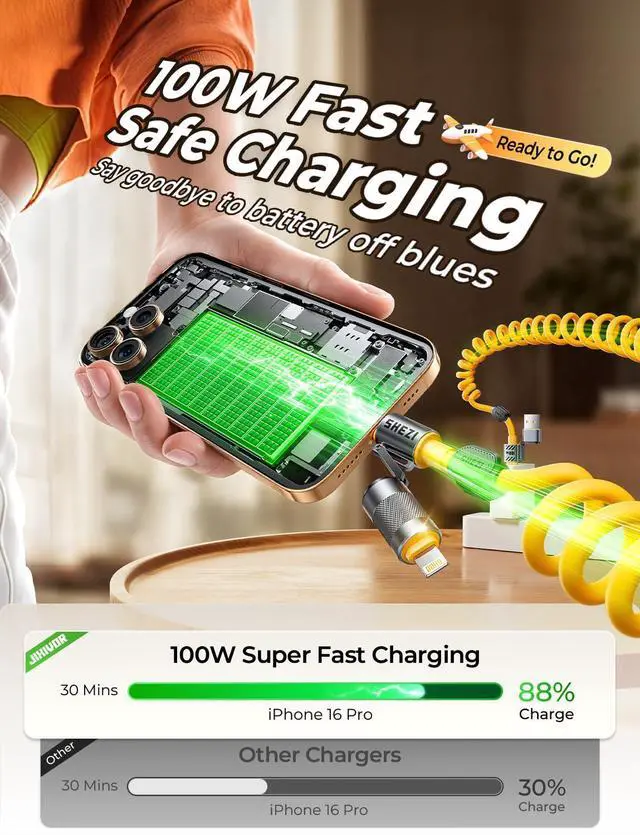 Alt view image 4 of 5 - Coiled Cable & Clip 4-in-1 USB C to Lightning Cable 100W Fast Charging & Data Transfer, Support to Apple CarPlay & Android Auto, 5FT Travel Multi Cord Charger Combo for iPhone/iPad/MacBook