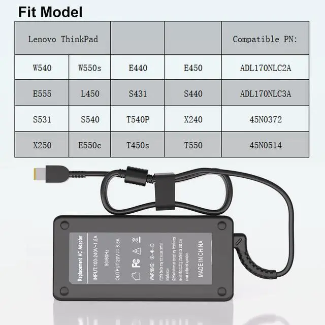 Alt view image 2 of 5 - 170W AC Charger Fit for Lenovo Thinkpad T15p T15g P15v P16v P15 P16 P17 Gen 3 2 1, P50 P51 P52 P53 P70 P71 P73, P1 Gen 6 5 4 3 2 1, W540 W541 Power Adapter