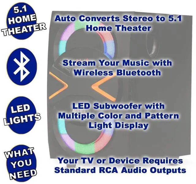 Alt view image 2 of 5 - Acoustic Audio by Goldwood 5.1 Speaker System 5.1-Channel with LED lights and Bluetooth Home Theater Speaker System, Black (AA5210)
