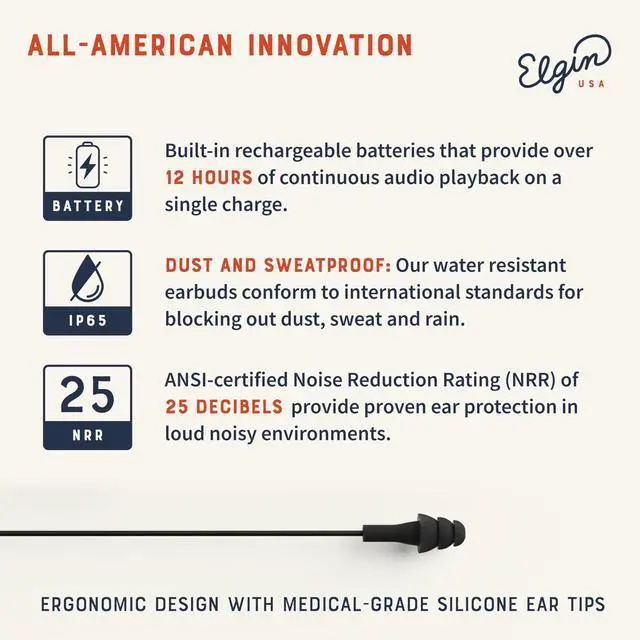 Alt view image 3 of 5 - Elgin Ruckus Wireless Bluetooth Earplug Headphones, 25 dB Noise Reduction Ear Plug Earbuds, Noise Cancelling Mic, 12 Hour Battery, IP65 sweatproof, OSHA Compliant Hearing Protection, Work Safety
