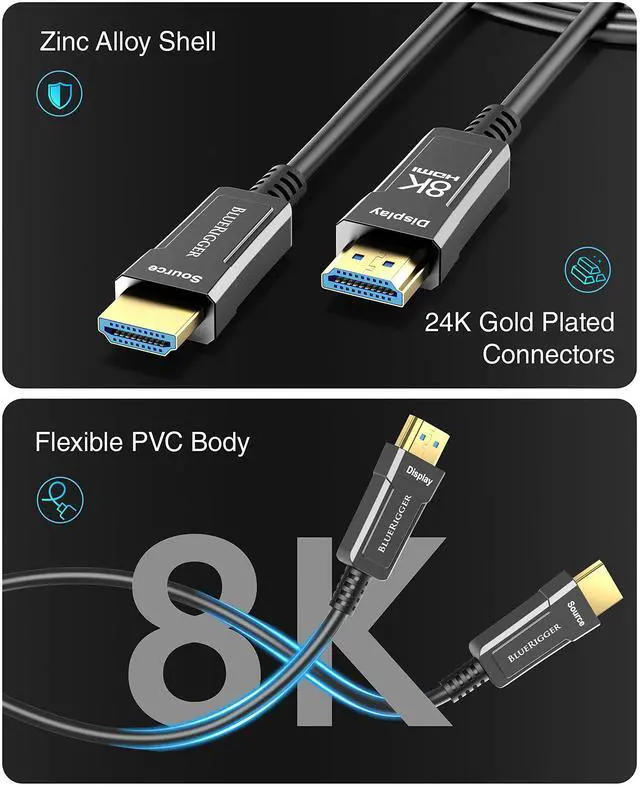 Alt view image 5 of 5 - BlueRigger 8K Fiber Optic HDMI Cable 100FT (48Gbps, in-Wall CL3 Rated, 8K 60Hz, 4K 144Hz, HDCP 2.3, HDR10+) Ultra High Speed Long HDMI AOC 2.1 Cable - for Gaming, VR, HDTV, Monitor, PC