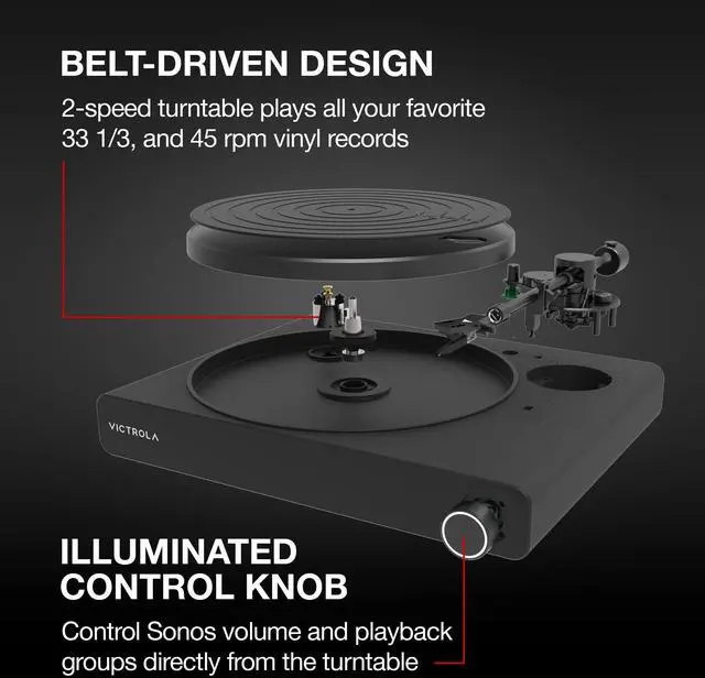 Alt view image 4 of 5 - Victrola Stream Onyx - Wi-Fi Streaming 2-Speed Turntable with Bluetooth Output, Works with Sonos, UPnP Wi-Fi Streaming, Roon Ready Relay, Premium Moving Magnet Cartridge and Aluminum Tonearm (Black)