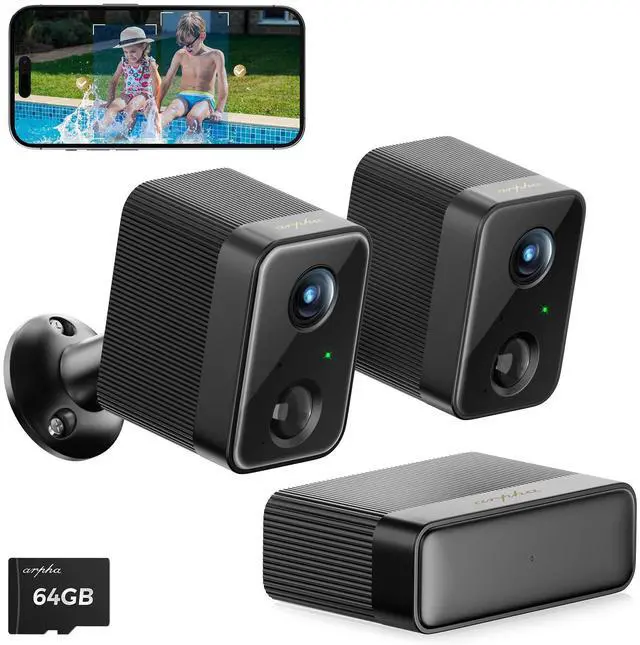 Main image of ARPHA 2pcs Security Camera Wireless Outdoor with HomeBase, Battery Powered Camera IP66, Cloud Storage, Motion Detection 1080P Night Vision (Not Compatible with K03-A)