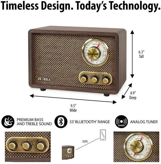 Alt view image 5 of 5 - Victrola Willow  Retro Wood Bluetooth Radio with Built-in Speakers: Elegant & Vintage Design, Rotary AM/FM Tuning Dial, Bass & Treble Control, Wireless Streaming (Espresso)