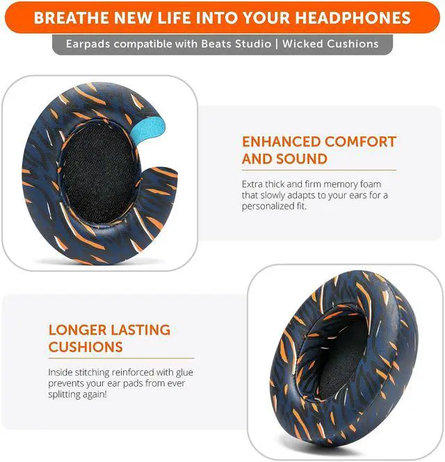 Alt view image 4 of 5 - WC Wicked Cushions Replacement Ear Pads for Beats Studio 2 & 3 (B0501, B0500) Wired & Wireless | Does NOT Fit Beats Solo | Softer PU Leather, Enhanced Foam & Stronger Adhesive | Navy Tiger