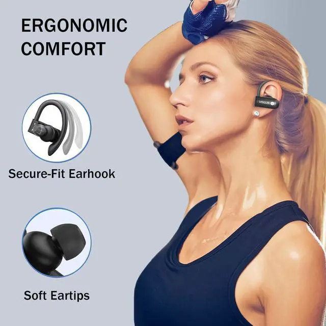 Alt view image 2 of 5 - Vislla Wireless Earbuds, Bluetooth Earbuds with Earhooks, 82H Long Battery Life,HiFi Running Headphones with Mic,PU Leather Charging Case,Waterproof Sport Ear Buds for Gym Working Out